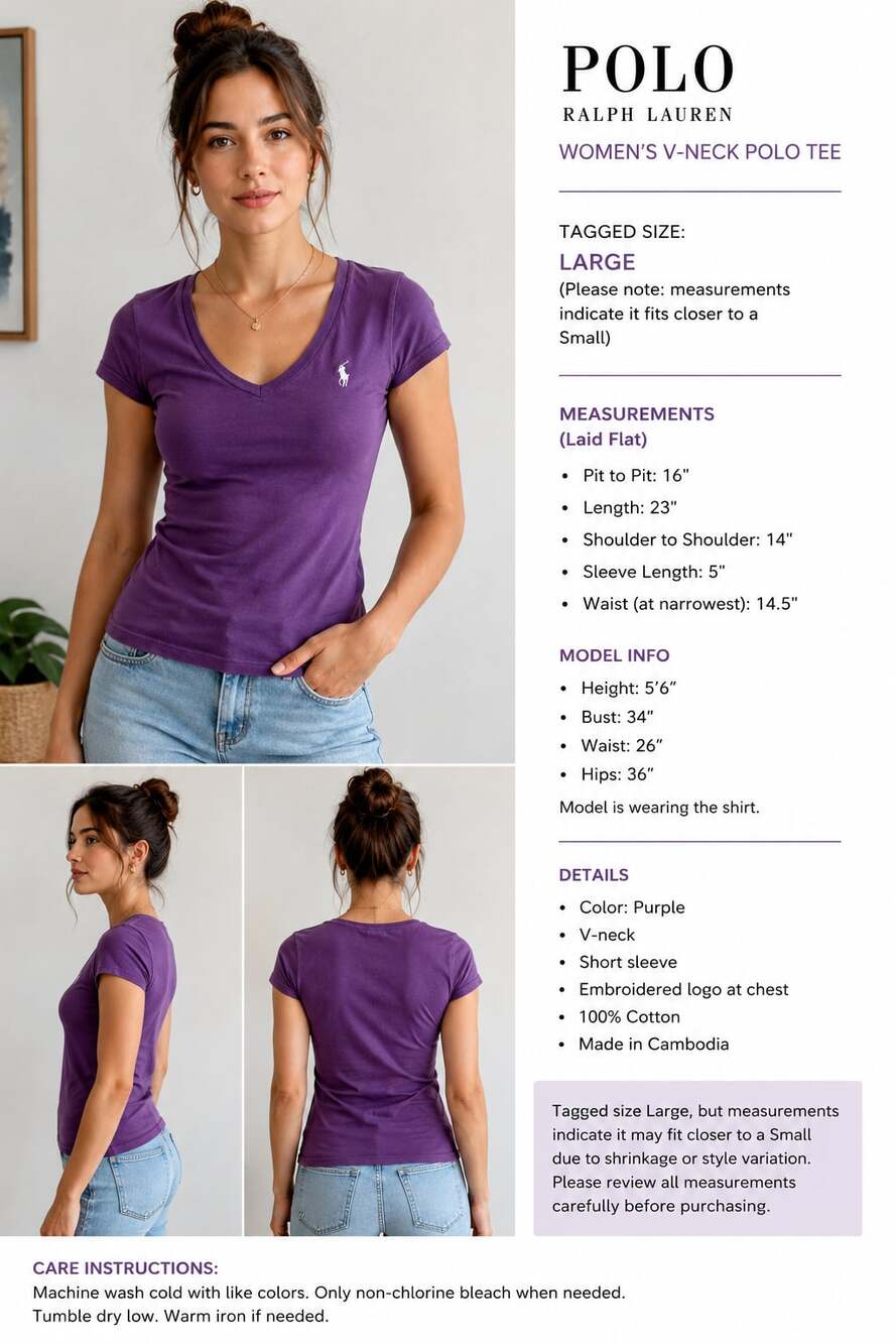 Polo Ralph Lauren Women's V-Neck Cotton Tee Purple Size Large Purple
